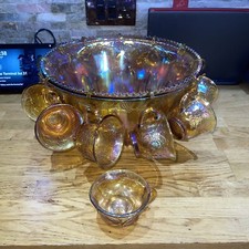 Indiana Glass Punch Bowl + 12 x cups Set Carnival Iridescent Purple Amber Gold