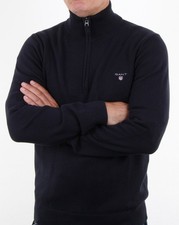 REDUCED STOCK - Authentic Gant Mens Cotton Zip Neck Jumper In Navy Blue