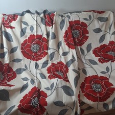 Pair Curtains W44 D54 Red Poppy Grey Lined Cotton Eyelets