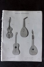 Rees 1820 Antique Music Print. Viol d'Amour, Spanish Guitar, Mandore, Lute 15