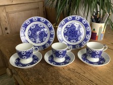 Arabia Finland Porcelain Ali Blue & White 3 Small Cups & Saucers 2 Side Plates
