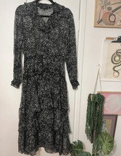 Maje Tiered Printed Metallic Fil Coupe Long Sleeve Silk Blend Midi Dress sz 36