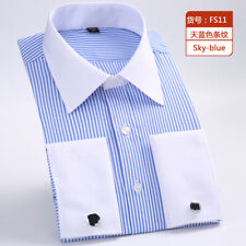 Mens Dress Shirts Luxury Casual Striped White Collar Camisas French Cuff Shirts