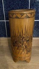 Vintage Chinese Bamboo Brush Pot – Hand Carved Ship Design Calligraphy Pot