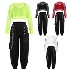 Kids Girls Hip Hop Street Dance Outfits Mesh Long Sleeve Crop Top Pants Set