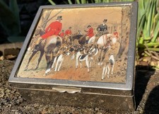 Antique Vintage Silver Horse Dog Fox Hunting Box Equestrian Watercolour Painting