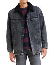 LEVI'S LONG SHERPA DENIM TRUCKER JACKET S M Black Acid Wash Faux Fur Snap Button