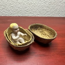 Antique Bisque Porcelain Baby Frozen Charlotte In Walnut Shell