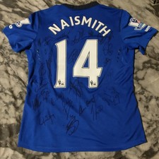 Everton 2014-15 Match Worn Steven Naysmith Full Squad Signed Shirt.