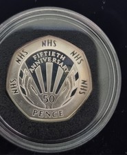 Silver Proof 1998 NHS 50p Fifty Pence Coin in Case (slightly toned)