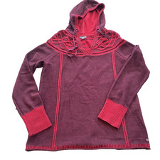 Eddie Bauer Womens Sweater Medium Thick Red Celtic Trim Hooded Pullover Holiday