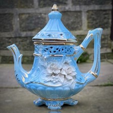 CAPODIMONTE Teapot Large 12.5” Blue & White Flowers Italy Italian Porcelain