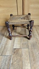 Lovely Small Vintage Woven Wicker  Wood Barley Leg Stool Wooden Footstool  