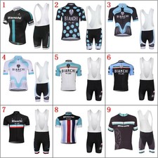 Mens BIANCHI Team Cycling Jersey Suit Short Sleeve Tops And Gel Bib Shorts Set