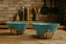 Hand Painted Coastal Village Blue Ceramic Bowls 16cm ⌀ Kitchen DecorSet of 2