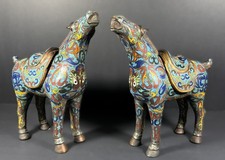 Chinese Cloisonne Horse Pair Antique Old Enamel Sculptures 8.5” Patina Rare