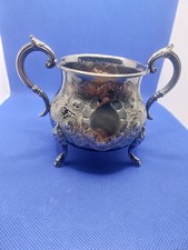 Antique Vintage Sugar Bowl Ornate Design Double Handle Footed Bowl sliverplated 