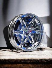 LED Neon Car Wheel Wall Clock Unique Rim Design, Spanner Hands, Motoring Gift