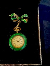 Antique Silver Gilt And Green Enamelled Lady's Pendant Pocket Watch /bow brooch 
