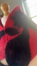 Red Felted Wool Scarf with Cat Design