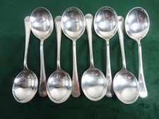 8 Vintage James Dixon Soup Spoons Feather Edge pattern Silver plated