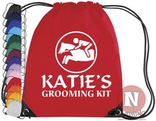 Personalised horse grooming riding kit bag. Drawstring - add child/horse name