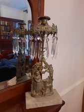 Antique Brass Marble Candlestick Girandole Glass Lustres 1850s Exquisite Detail.