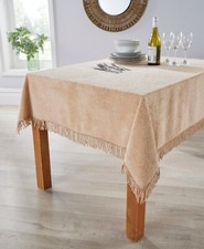 Diana Cowpe Beige Tablecloths Traditional Cotton Chenille Tablecloth Fringed
