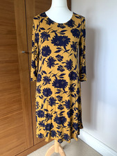 Bonmarche Dress 3/4 Sleeve Pull On Gold Navy Blue Round Neck UK 14