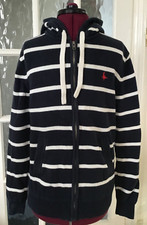 JACK WILLS KNITWEAR NAVY WHITE STRIPED FULL ZIP HOODED CARDIGAN   MEDIUM    #792