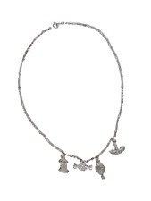 BARBIE Necklace Chain With Charms Candy Hand Mirror Tiara Spool Of Thread Silve