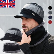 Mens Winter Warm Peaked Beanie Hat Fleece Lined Outdoor Ski Cap with Scarf UK