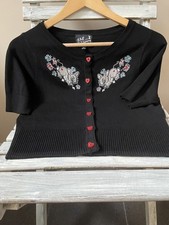 Hell Bunny Short Sleeved Cropped Black Cardigan. Heart Buttons, Rabbit  Motif  S