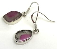 watermelon tourmaline drop earrings, solid Sterling Silver. Natural. #3. Box
