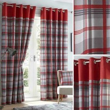 Portfolio Orleans Red Eyelet Curtains Tartan Check  Ready Made Lined Ring Top