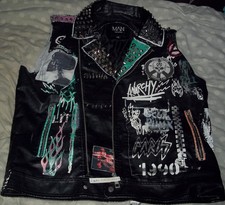 boohoo man, punk patches, black, size XL, men's, faux leather battle vest, used