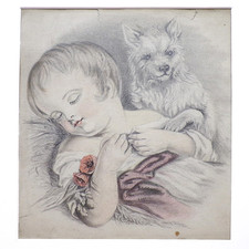 Antique Pencil Drawing Portrait Original Child Dog Baby Terrier Picture Art