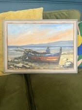 Vintage Signed Original Oil Acrylic Painting Boat Shoreline Rare Collectors Art