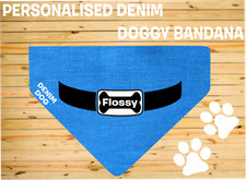 Denim Dog Branded Personalised Dog Collar Design With Name Tie Bandana 3 Sizes 