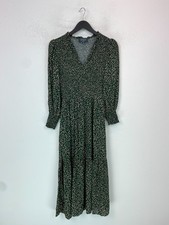 Wyse Green Spot Print Midi Dress Keyhole Neck Tiered Long Sleeve Size 0 - UK 6