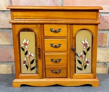 Vintage Wooden Jewellery Box/Wardrobe Dual Glass Door Velvet Lining Decorative 