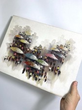 Vintage Oil Painting On Canvas - Colourful Street Scene - Market Scene 16” X 12”