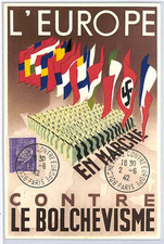 FRANCE WW2 PROPAGANDA Art Postcard *March Against Bolshevism* FLAGS Petain WP327