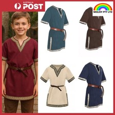 Kids Medieval Viking Tunic Shirt Renaissance Costume Top Retro V-Neck Outfit