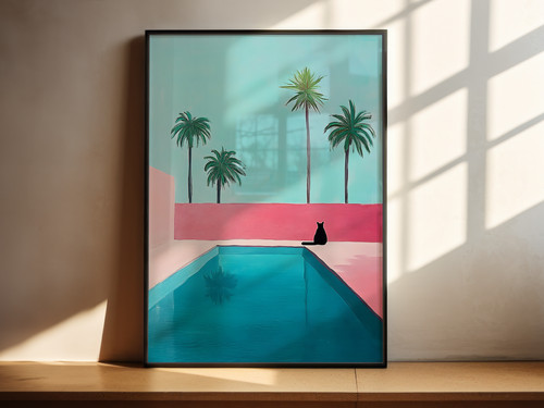 Black cat swimming pool - cat,
