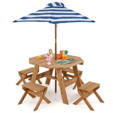 COSTWAY Wooden Octagon Table Set Kids Picnic Table & 4 Chairs w /Umbrella