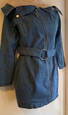 Boohoo Blue Off Shoulder Bardot Asymmetric Zip Denim Shirt Dress Hoop Belt 8-12