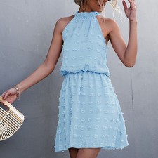 Light Blue XL Women Short Dress Sleeveless Halter Neck Swiss Dot Breathable