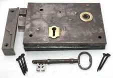 Old Antique steel brass trimmed right hand rim lock (RL476)