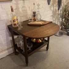 Antique 2 Tier Trolley Drinks Cocktail Tea Tray Dumb Waiter Solid Oak Castor Old